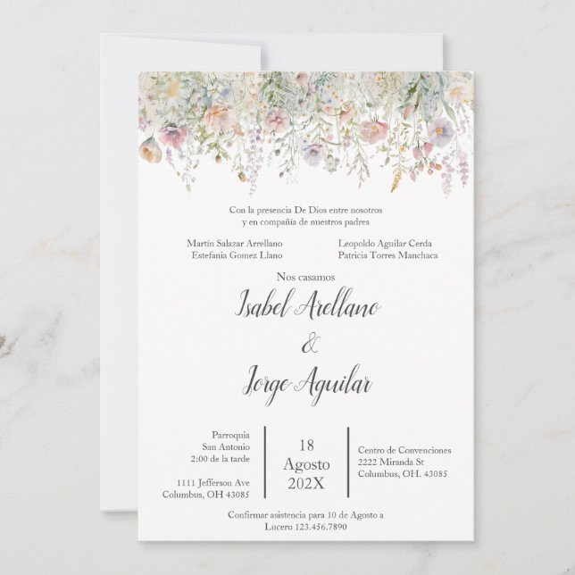 Convite para Casamento de Flores Selvagens em Espa (Frente)