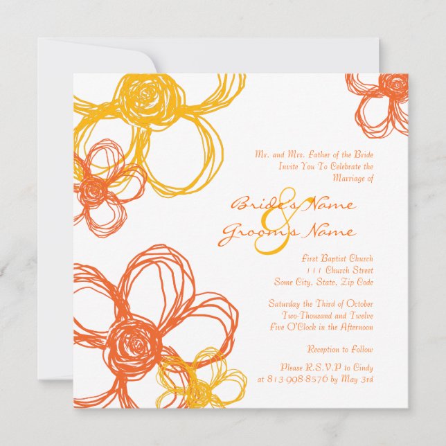 Convite para Casamento de Flores Selvagens Laranja (Frente)