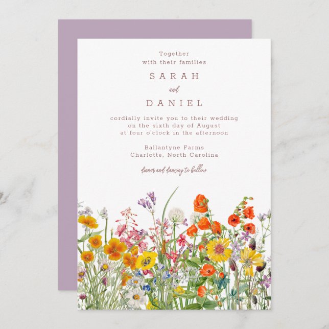 Convite para Casamento de Flores Selvagens - Prado (Frente/Verso)