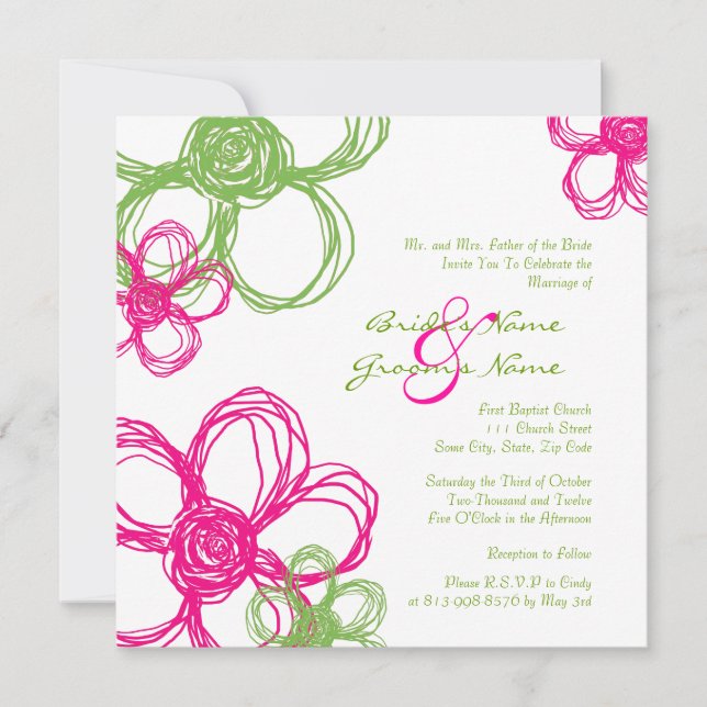 Convite para Casamento de Flores Selvagens Rosa e  (Frente)