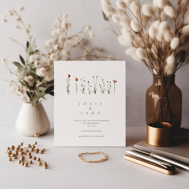 Convite para Casamento de Flores Selvagens Simples (A minimalist design with delicate wild flowers, this invitation exudes elegance and charm. )