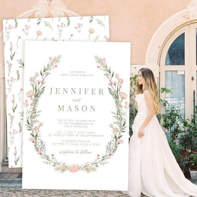 Convite para casamento de flores silvestres cor-de (Criador carregado)