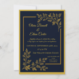 Convite para Casamento de Folha Azul e Dourada do