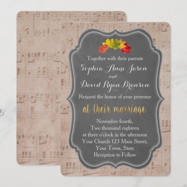 Convite para Casamento de Folha de Música Romântic (Frente/Verso)