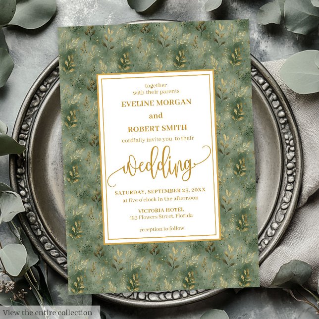 Convite para Casamento de Folhagem Dourada Verde d (Stylish Sage Green Gold Foliage Wedding Invitation)