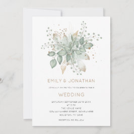 Convite para Casamento de Folhagem Dourada Verde E