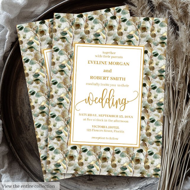 Convite para Casamento de Folhagem Dourada Verde V (Vintage Deep Green Gold Foliage Wedding Invitation)