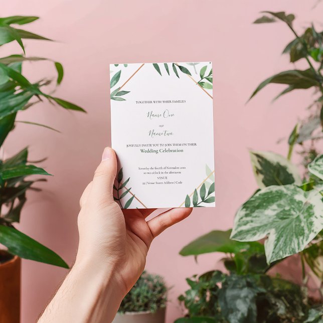 Convite para casamento de folhas verdes (Leaves copper border wedding invitation)