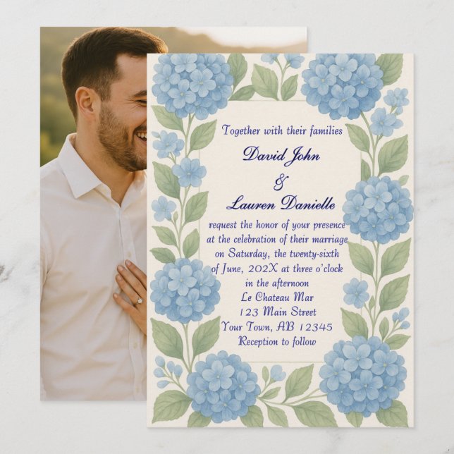 Convite para Casamento de Foto de Hydrangea Azul d (Frente/Verso)