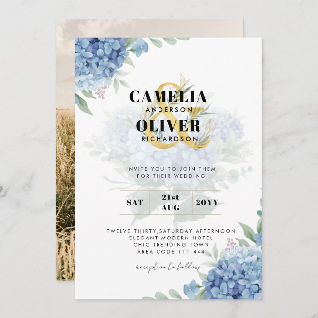 Convite para Casamento de FOTO PHOTO Azul Moderno (Frente/Verso)