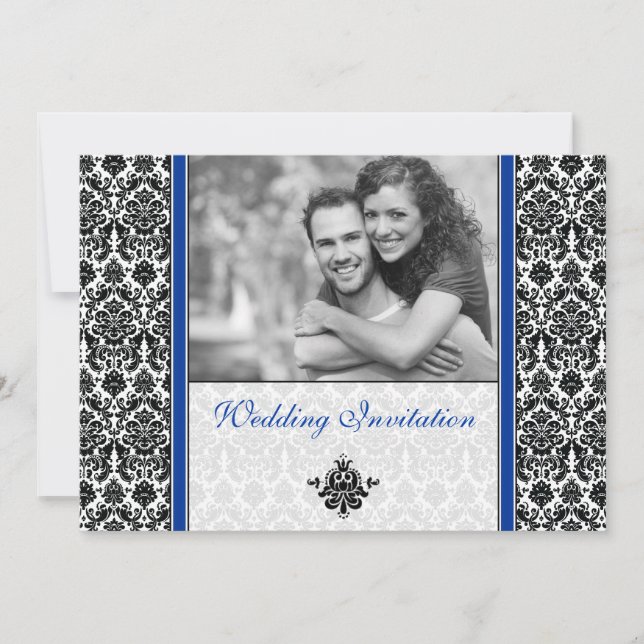 Convite para Casamento de Foto Real Blue Damask (Frente)