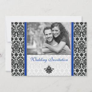 Convite para Casamento de Foto Real Blue Damask