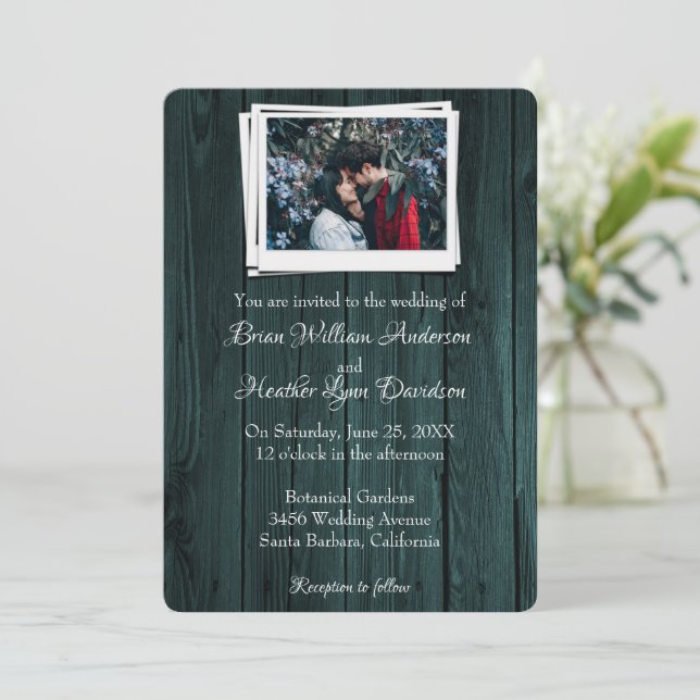 Convite Para Casamento De Foto Teal Wooden (Em pé/Frente)