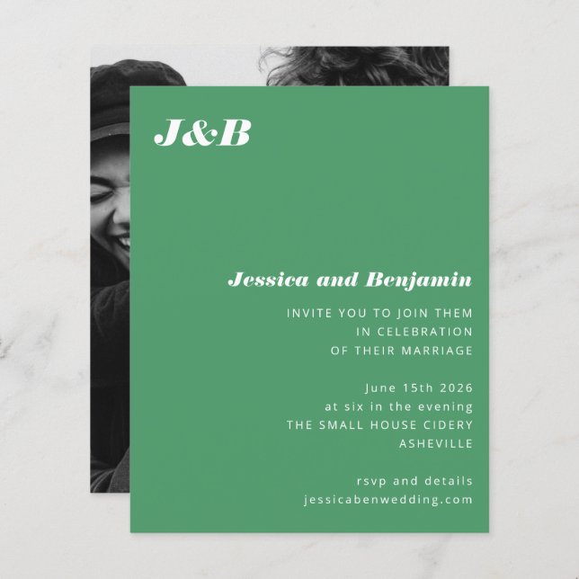 Convite para Casamento de Foto Verde do Monograma  (Frente/Verso)