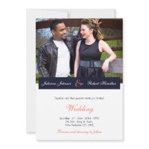 Convite para Casamento de Fotos Azul e Coral de ma