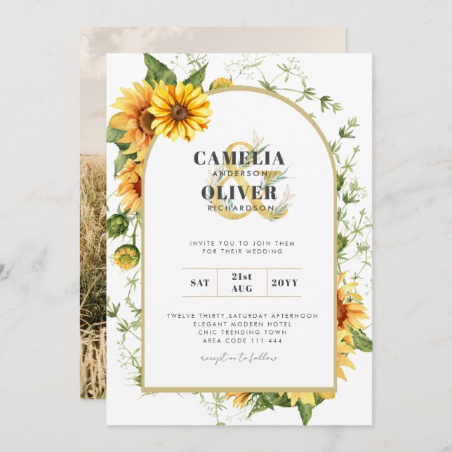 Convite para casamento de fotos com girassóis (Frente/Verso)