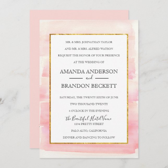 Convite para Casamento de Fotos Dourada com Rosa d (Frente/Verso)