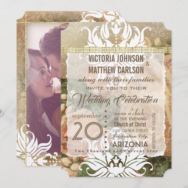 Convite para Casamento de Fotos Dourada Rosa Rosa  (Frente/Verso)