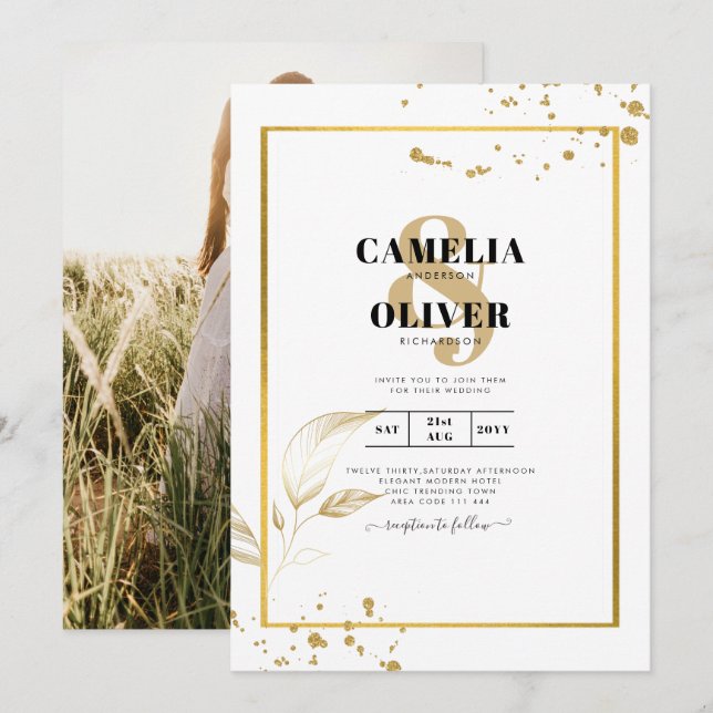 Convite para casamento de fotos Douradas e brancas (Frente/Verso)
