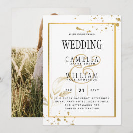 Convite para casamento de fotos Douradas e brancas
