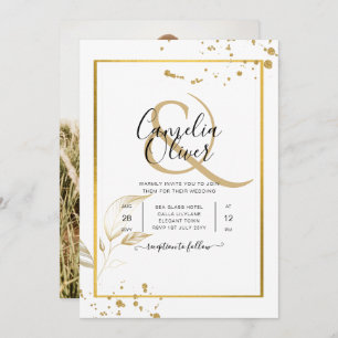 Convite para casamento de fotos Douradas e brancas