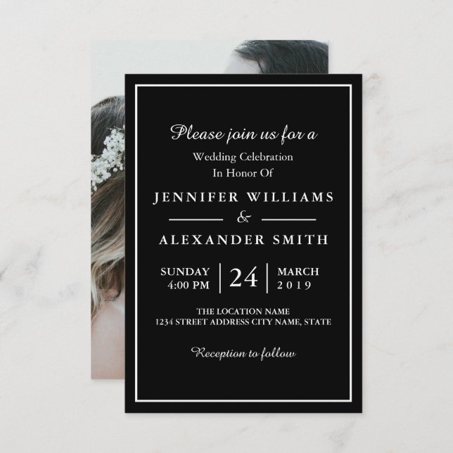 Convite para Casamento de Fotos Elegante Preto e B (Frente/Verso)