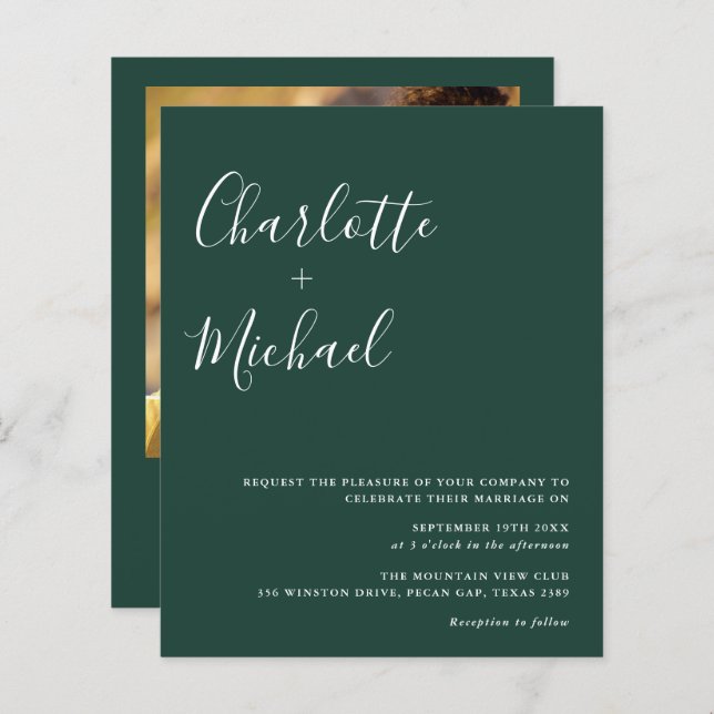 Convite para casamento de fotos Emerald no Script  (Frente/Verso)