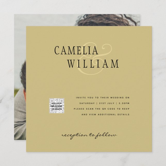 Convite para casamento de fotos QRCode RSVP Dourad (Frente/Verso)