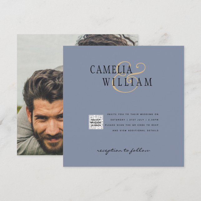 Convite para casamento de fotos QRCode RSVP Dusty  (Frente/Verso)