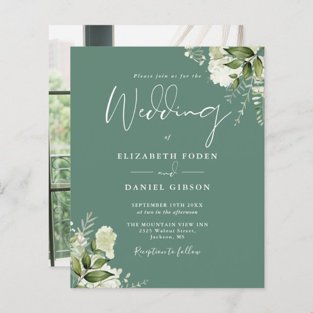 Convite para Casamento de Fotos Verde Eucalyptus (Frente/Verso)