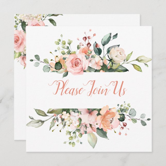 Convite para Casamento de Frame Floral Peach e Blu (Frente/Verso)