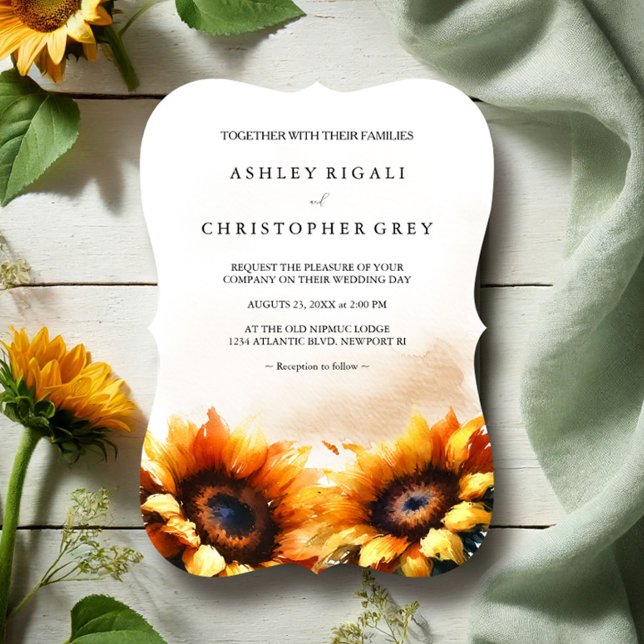 Convite para Casamento de Girassol Amarelo (Sunflower wedding invitations unique watercolor art exclusive to VG Invites. )