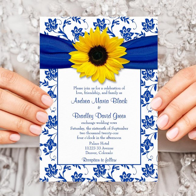 Convite para Casamento de Girassol Blue Damask (Criador carregado)