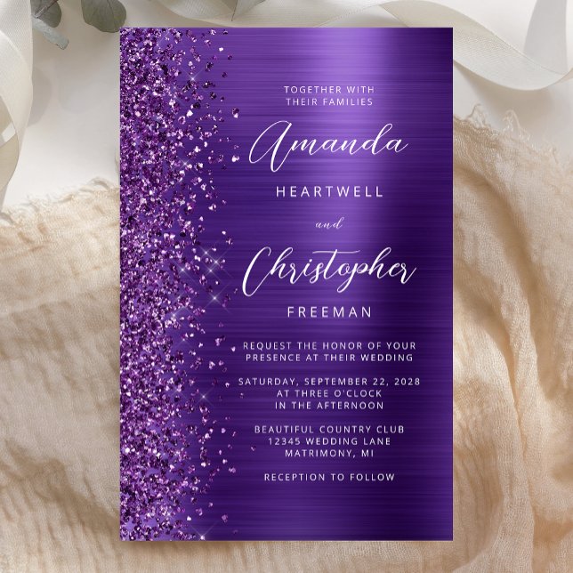 Convite para Casamento de Glam Glitter Roxo de Orç (Criador carregado)