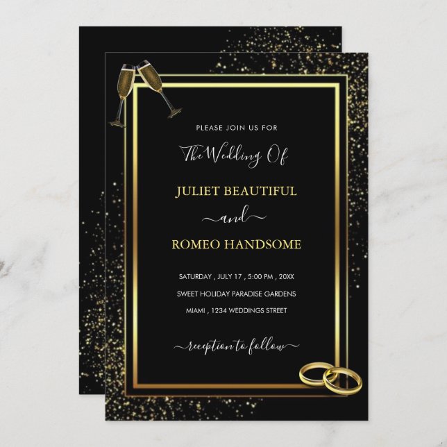 Convite para Casamento de Gliiter Preto e Dourado (Frente/Verso)