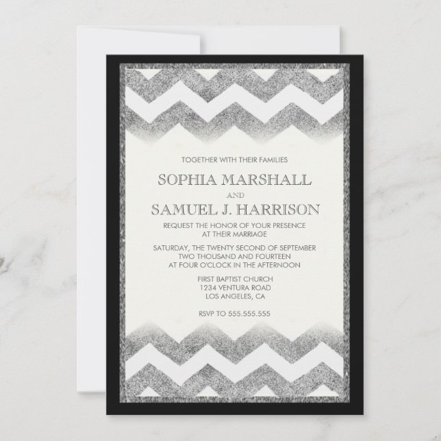 Convite para Casamento de Glitter Silver Chevron (Frente)