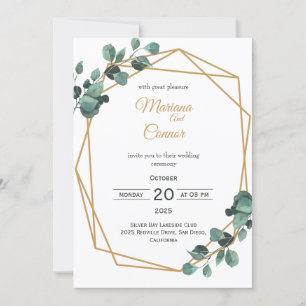 Convite para Casamento de Hexágono Dourado Verde
