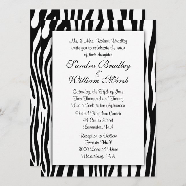 Convite para Casamento de Impressão de Zebra (Frente/Verso)