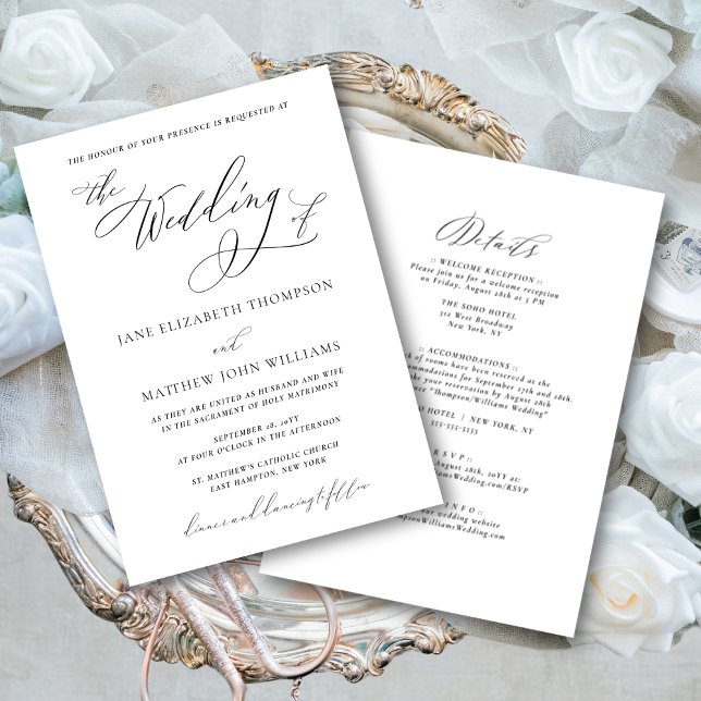 Convite para Casamento de Jane Católica com RSVP (This elegant, all-in-one- invite has a romantic elegance thanks to the flowing calligraphy script)