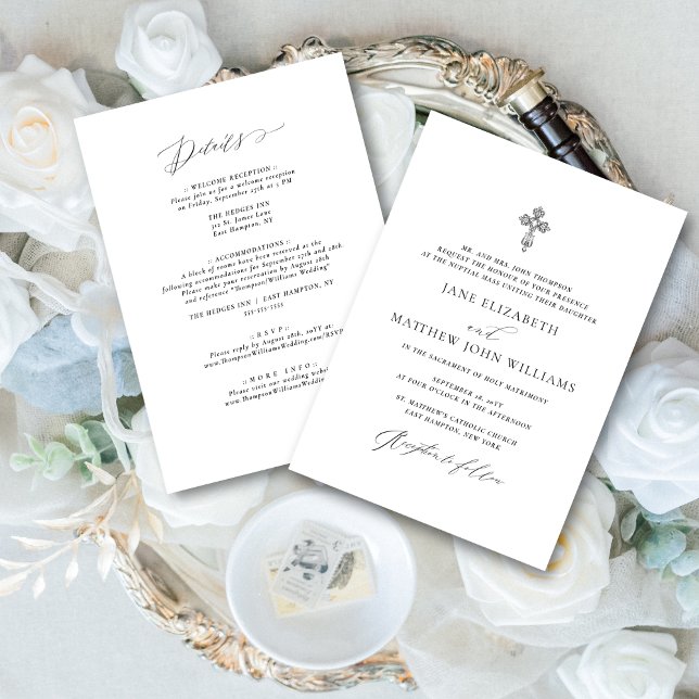 Convite para Casamento de Jane Católica com RSVP (This all-in-oneCatholic wedding invitation includes a detail section on the back.)