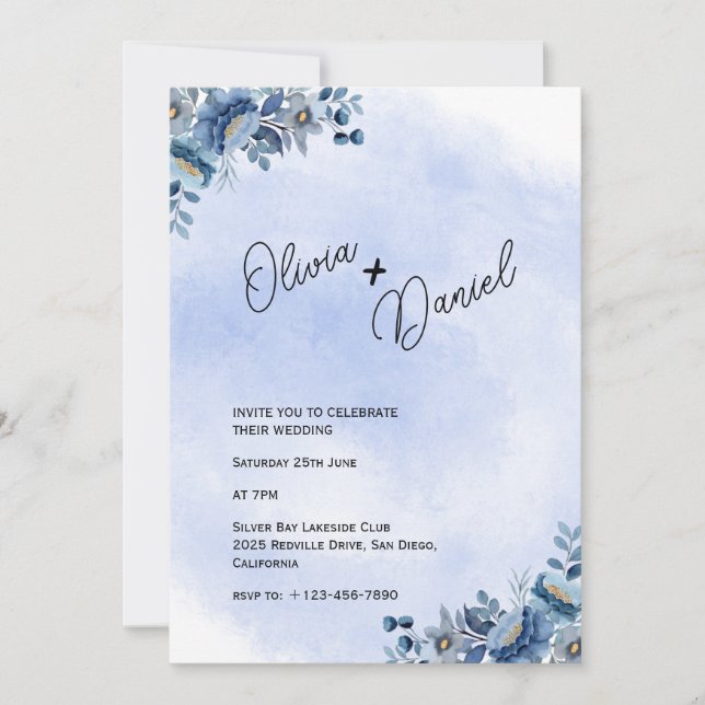 Convite para Casamento de Jardim Azul Chic (Frente)