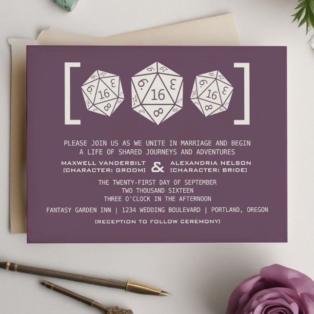 Convite para Casamento de Jogadores de Dice D20 Ro (Purple D20 Dice Gamer Wedding Invitation)