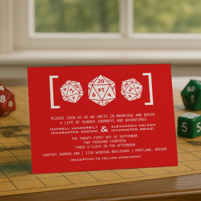 Convite para Casamento de Jogadores de Dice D20 Ve (Red D20 Dice Gamer Wedding Invitation)