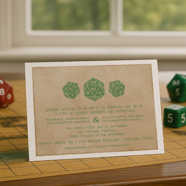 Convite para Casamento de Jogadores de Gelo D20 Gr (Green Grunge D20 Dice Gamer Wedding Invitation)