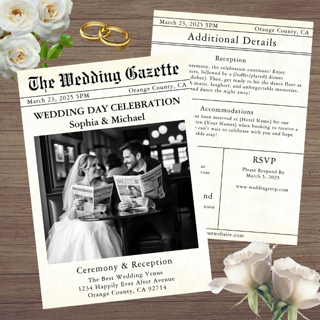Convite para Casamento de Jornais (Newspaper Wedding Invitation The Wedding Gazette)