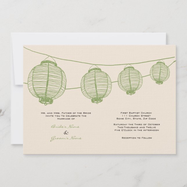 Convite para Casamento de Lanternas Verde e Creme (Frente)
