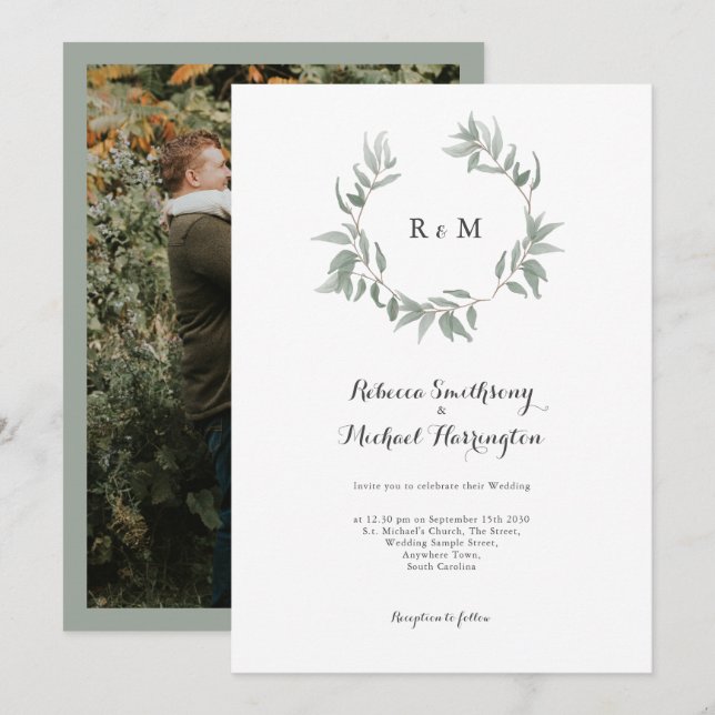 Convite para Casamento de Leaf Wreath Monogramas (Frente/Verso)