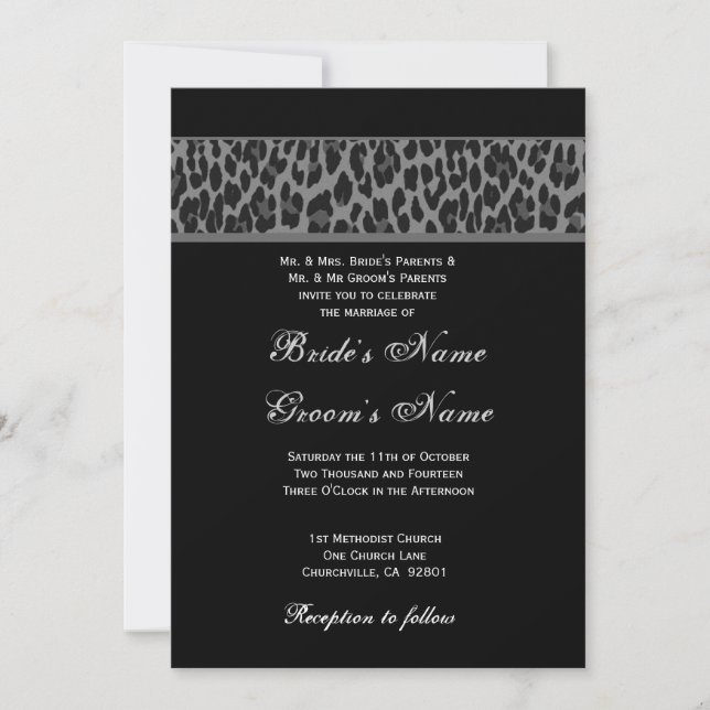 Convite para Casamento de Leopardo Branco de Cinza (Frente)