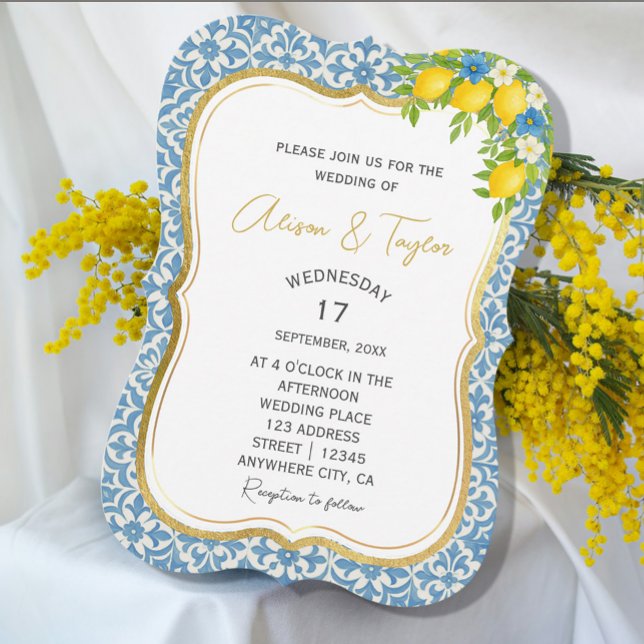 Convite para Casamento de Limão e Azulejos Azuis d (Mediterranean Lemon & Blue Tile Wedding Invitation #zazzlemade #lemoninvitation #yellowandblue #chic)