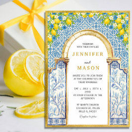 Convite para Casamento de Limão e Azulejos Azuis d